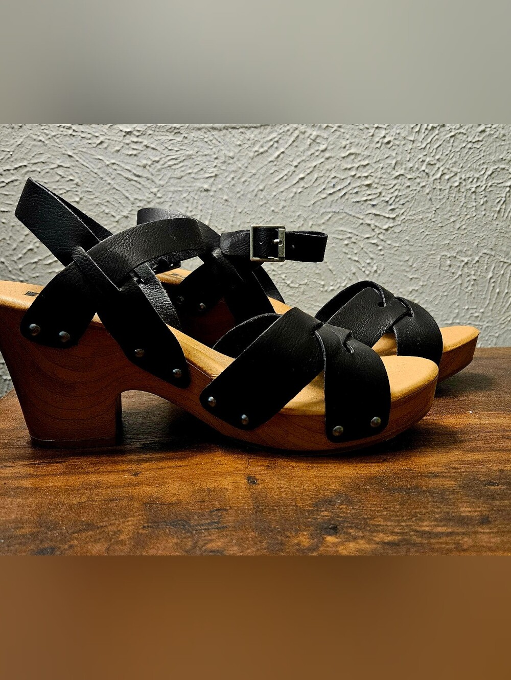 Kork-Ease Black Leather Cross-Strap Platform Clogs